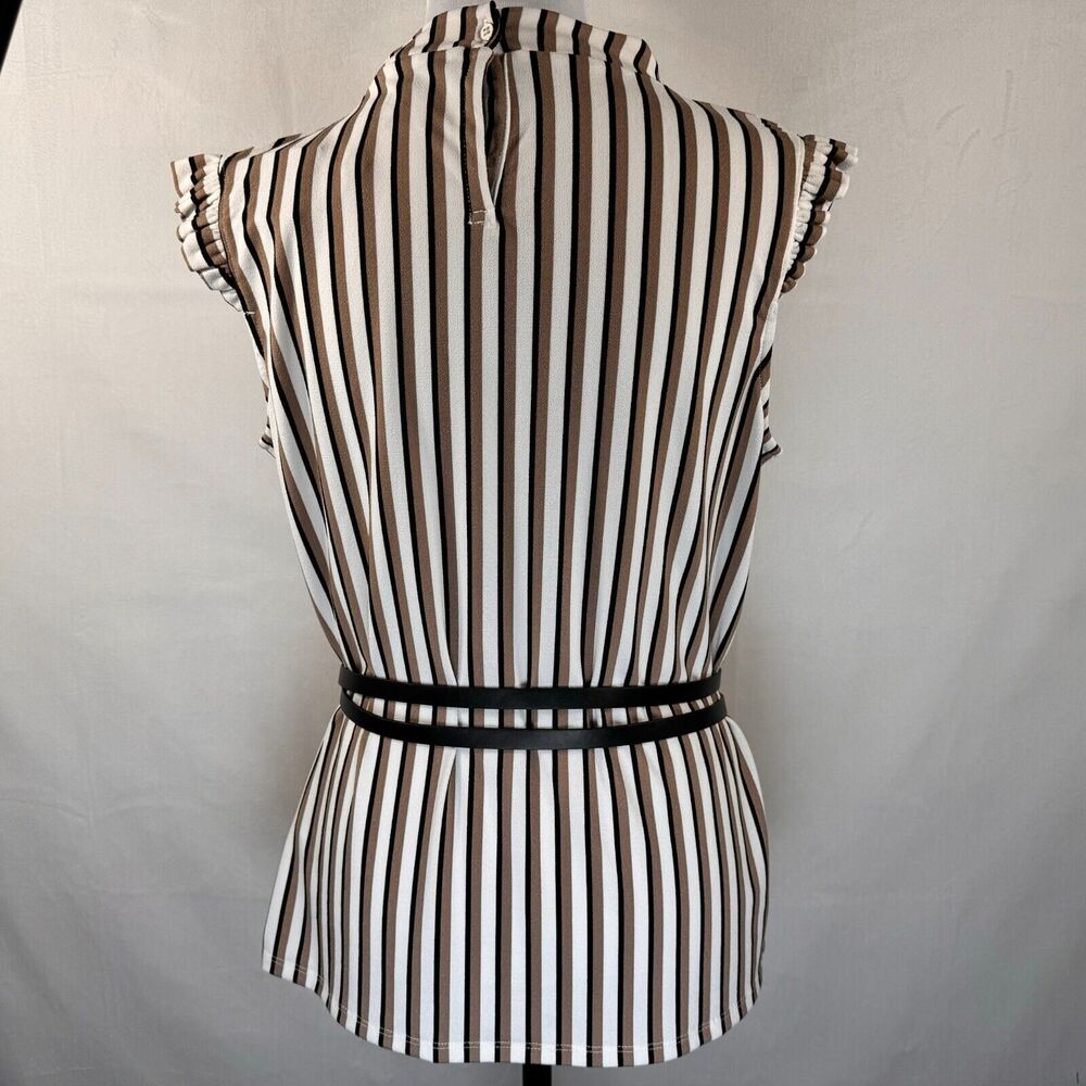 Adrianna Papell Women Tank Sz M Black Brown White Ruffle Mock Neck cap sleeve - Picture 3 of 9